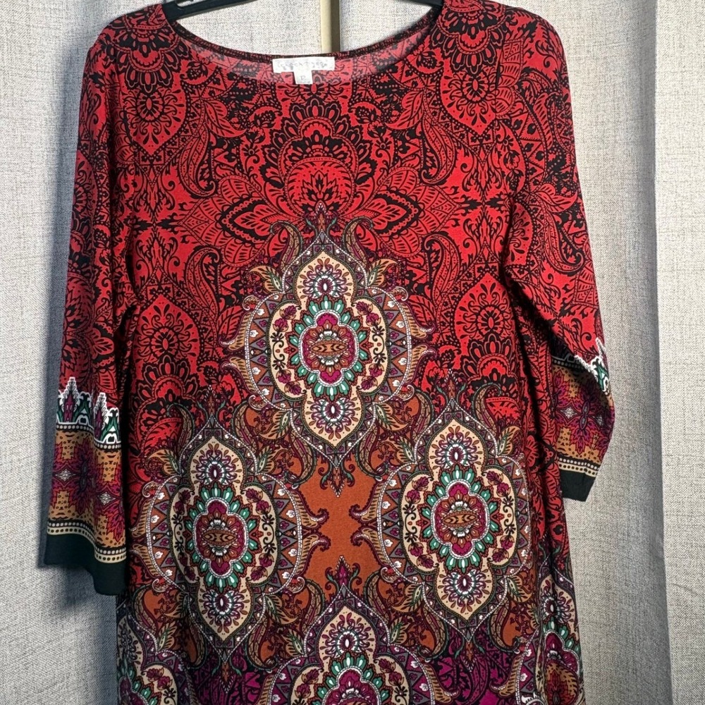 London Times Red Paisley Medallion Print 3/4 Sleeve Sheath Dress Womens 12